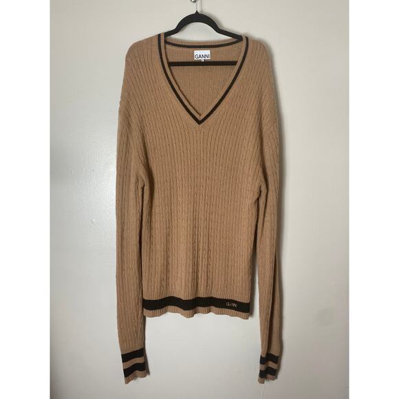 GANNI SWEATER TAN CAMEL BLACK OVERSIZED VINTAGE AUTUMN AESTHETIC MODERN PREP - Picture 1 of 12